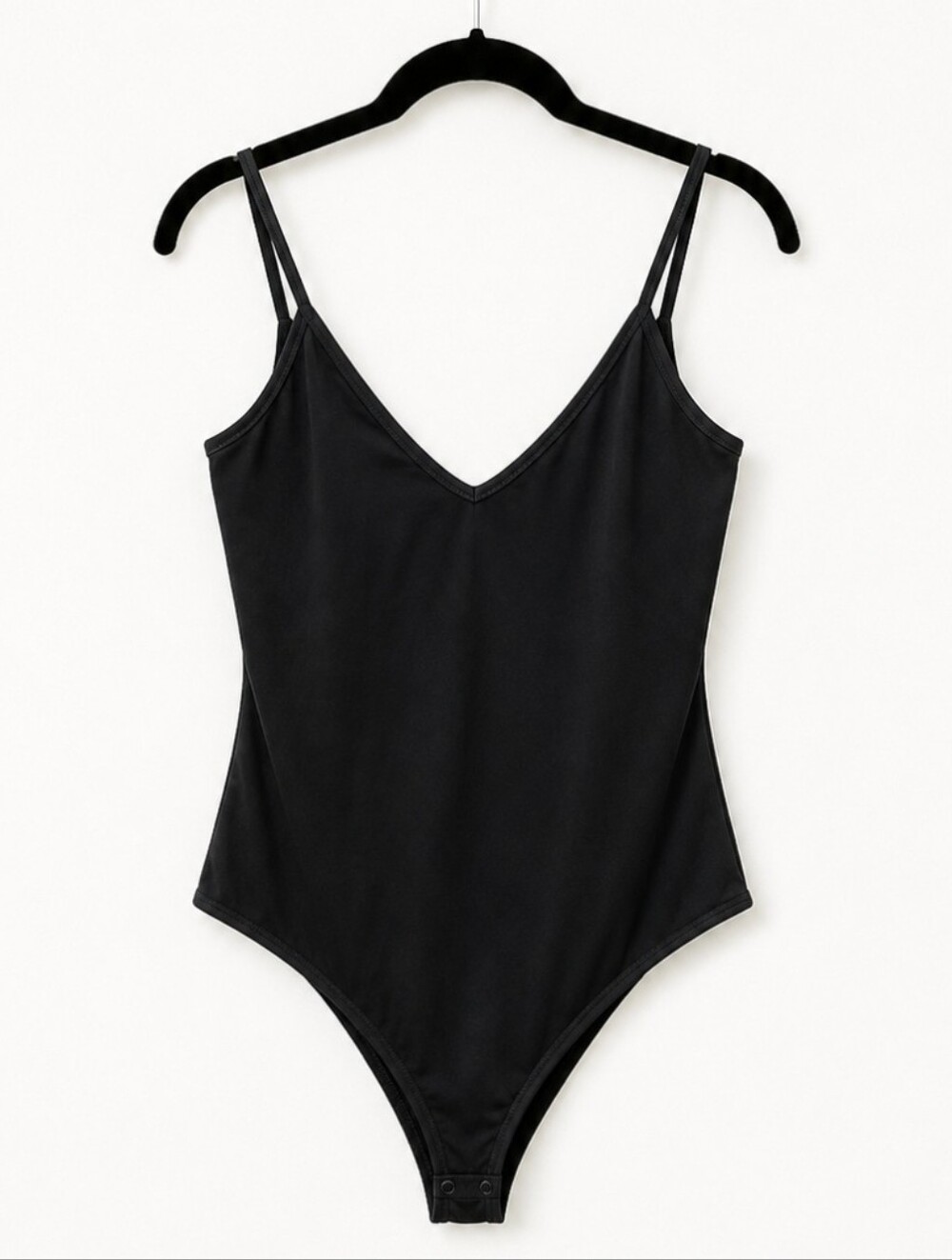 NWOT Women's Black Bodysuit V Neck Spaghetti Strap Made In USA Size Large